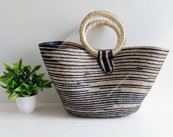 Bolsa de paja Boho rayada / bolsa de paja de mercado hecha a mano / bolsa de mano mexicana / bolsa de verano / bolsa de mercado de agricultores /