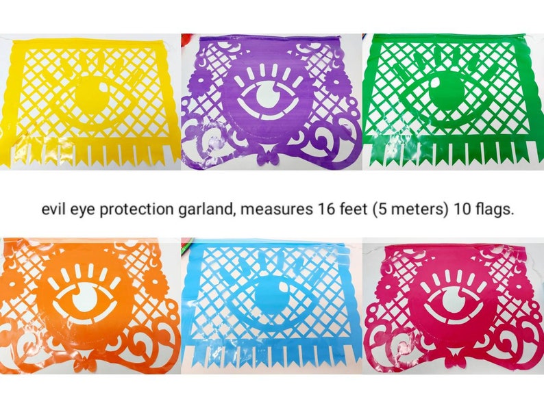 May include: A colorful paper garland with ten flags featuring an evil eye design. Each flag is a different color: yellow, purple, green, orange, blue, and pink. The garland measures 16 feet (5 meters) long.