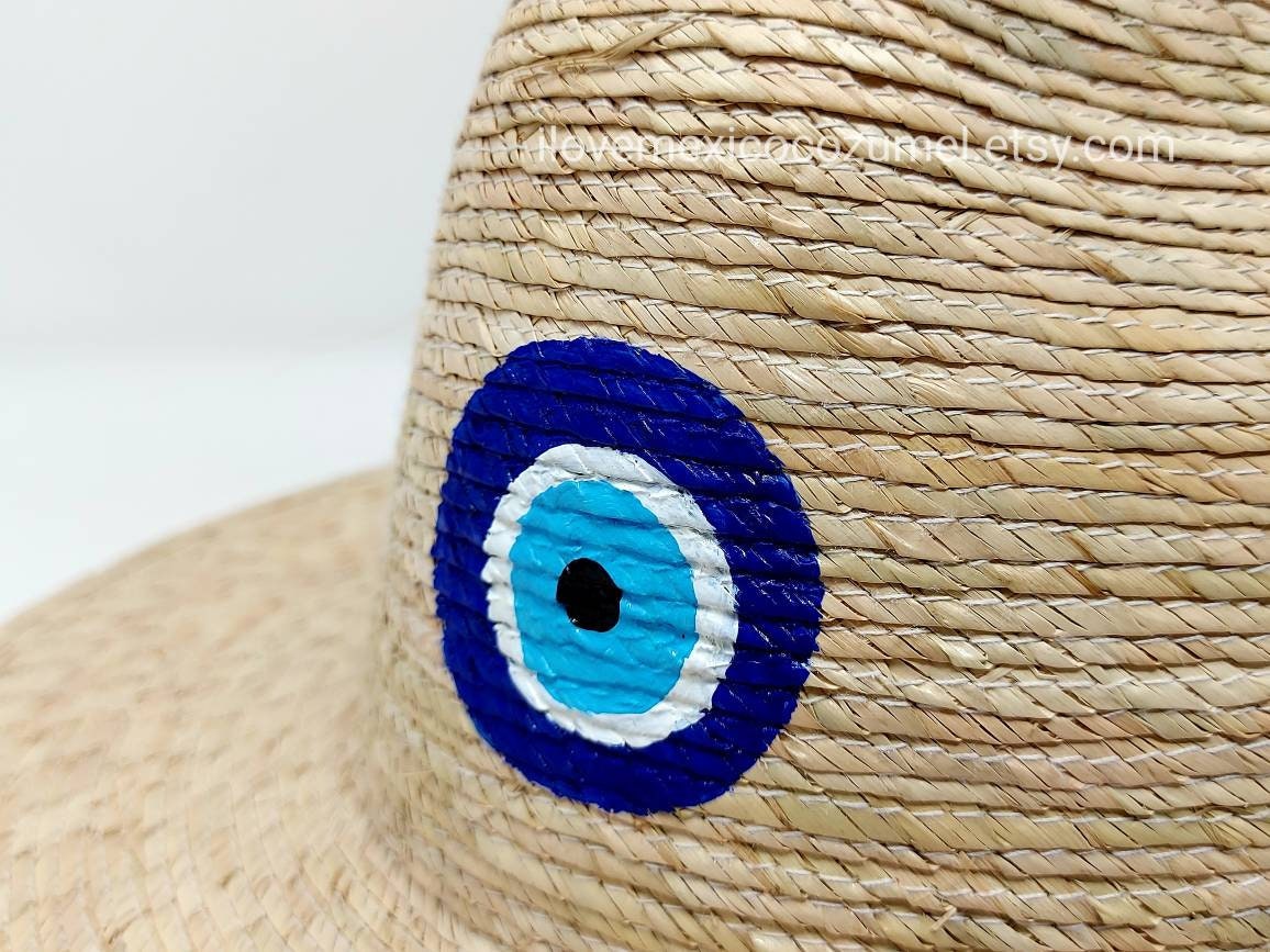Hand-painted Straw Hat With Evil Eye Decor - Etsy display picture 2