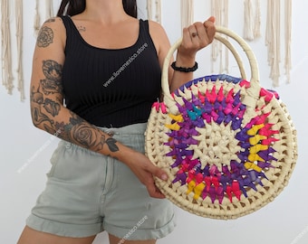 Round Straw Beach Bag: Colorful Mexican Basket