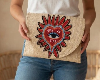 Pochette in paglia ricamata / Pochette Viva La Vida Sacro Cuore / Pochette da polso intrecciata messicana
