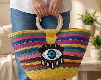 Bolso de paja mexicano con parche de lentejuelas de ojo turco / Bolso de playa hecho a mano con hojas de palma