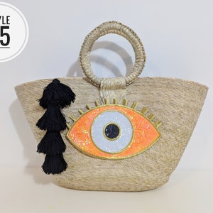 Boho Straw Bag With Evil Eye Sequin Patch / Handmade Market - Etsy