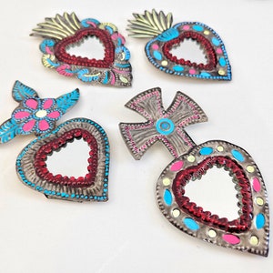 Hand painted Sacred heart wall decoration with mirror / milagro heart / mexican tin heart wall decor / mexican decor / milagros metal work