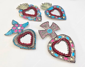 Hand painted Sacred heart wall decoration with mirror / milagro heart / mexican tin heart wall decor / mexican decor / milagros metal work