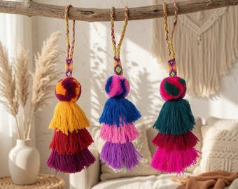 Handmade Multi-Colored Pom Pom Tassel Bag Charm with Friendship Bracelet