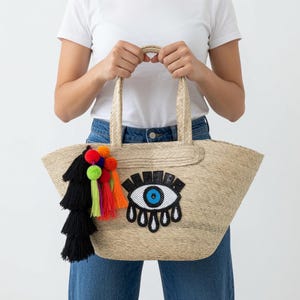 Evil Eye Straw Market Bag | Handmade Palm Leaf Tote with Sequin Patch