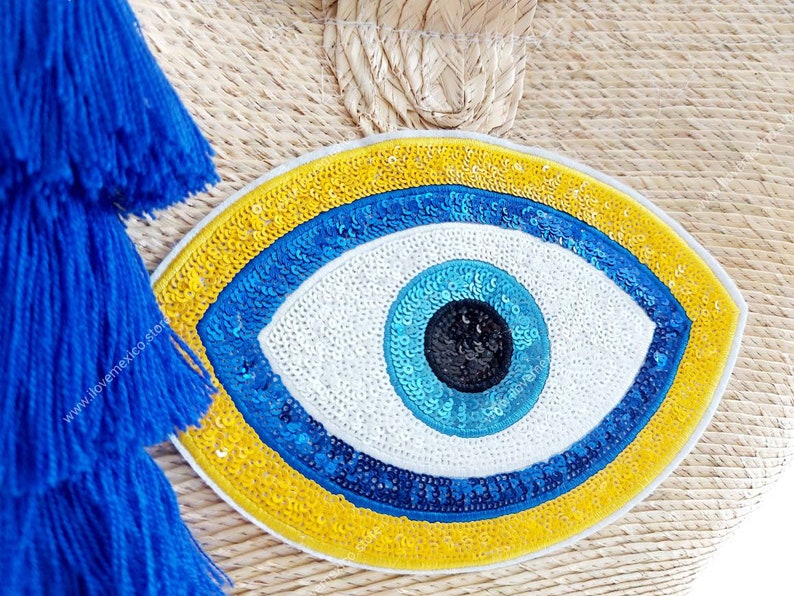 Boho Straw Bag With Evil Eye Sequin Patch / Handmade Market Etsy