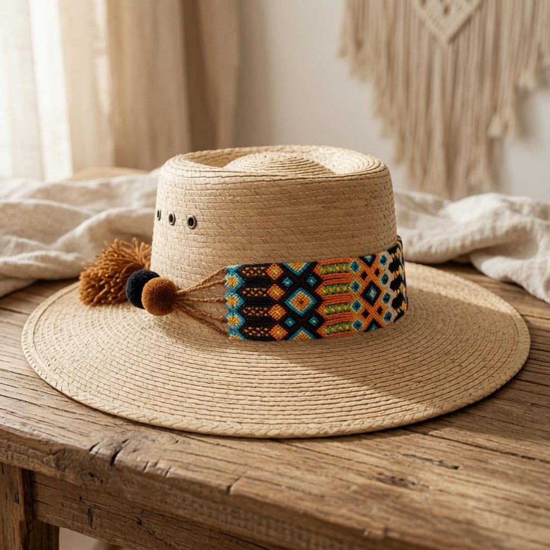 Woven Mexican Hat Band for Cowboy Hats With Pompoms 