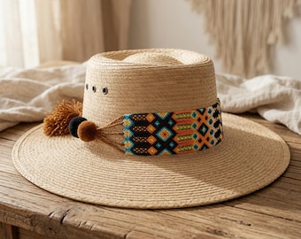 Woven Mexican Hat Band for Cowboy Hats with Pompoms | Colorful Western Hat Strap