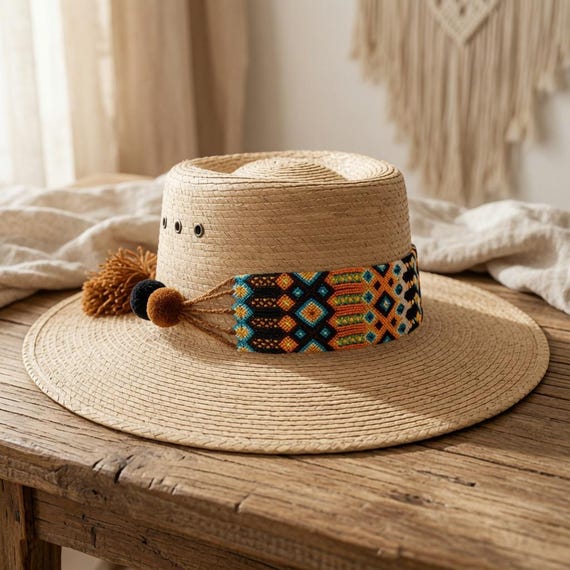 Woven Mexican Hat Band for Cowboy Hats With Pompoms  display picture 2