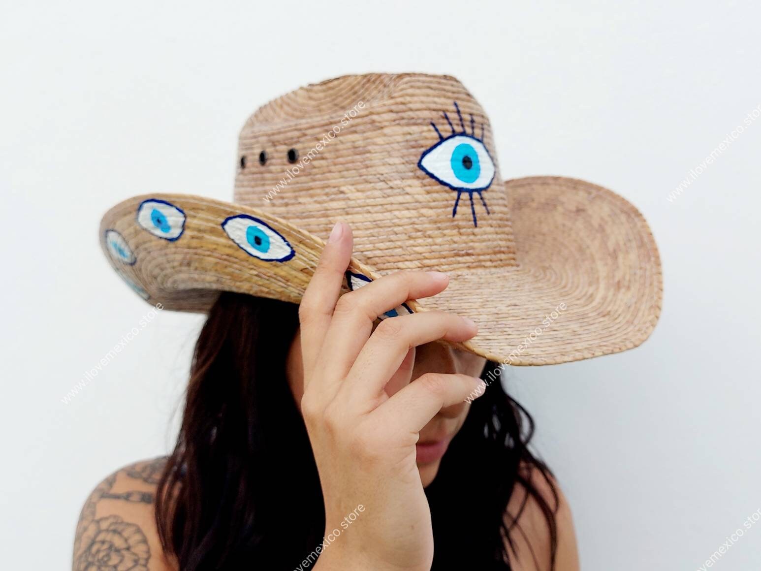 Hand-painted Straw Cowboy Hat With Evil Eye Decor - Etsy display picture 2