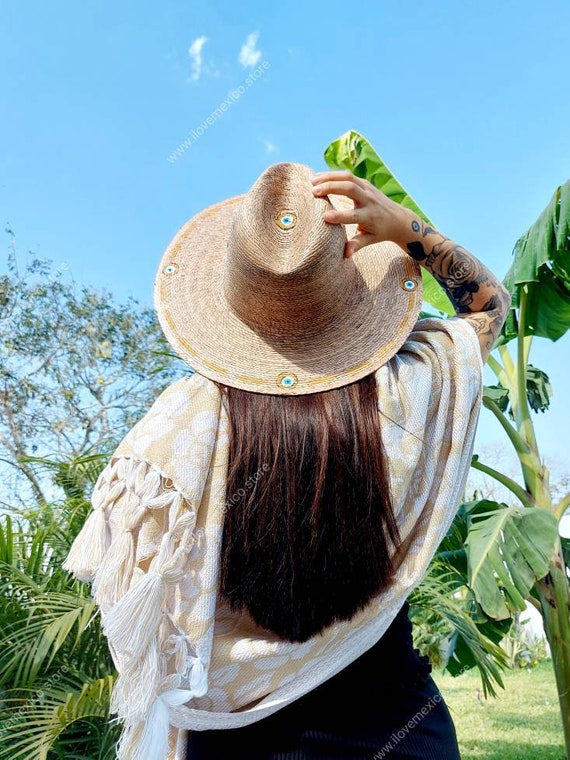EVIL EYE CUSTOM STRAW BRIMMED HAT -??- BRAND NEW !!! Embroidered Evil Eye Hat, Handmade Straw Hat. Summer Style  main image 4