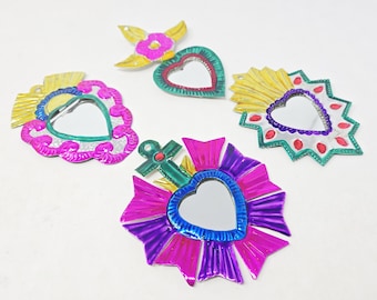 Colorful Tin Sacred Heart Mirror: Mexican Milagro Wall Decor