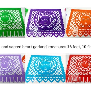 May include: A garland of 10 colorful paper flags featuring a Frida Kahlo portrait and a sacred heart design. The garland measures 16 feet long.
