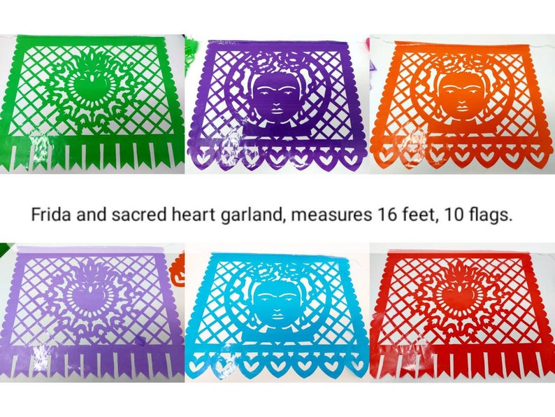 May include: A garland of 10 colorful paper flags featuring a Frida Kahlo portrait and a sacred heart design. The garland measures 16 feet long.