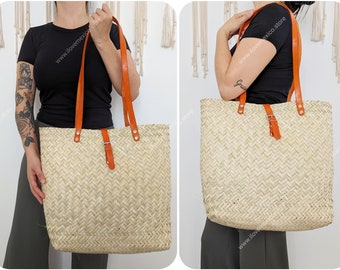 Large straw tote with leather strap / market straw bag / Mexican tote bag / summer bag / farmer's market bag /