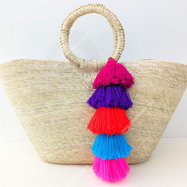 Large multi colored boho bag tassels / multi colored beach bag tassels / multi color pompoms / multi colored bag charms