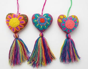 Set of 3 Mexican Embroidered Heart Tassels: Handmade Valentine Decor