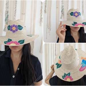 Hand painted floral summer hat / hand painted straw hat / floral hat with birds