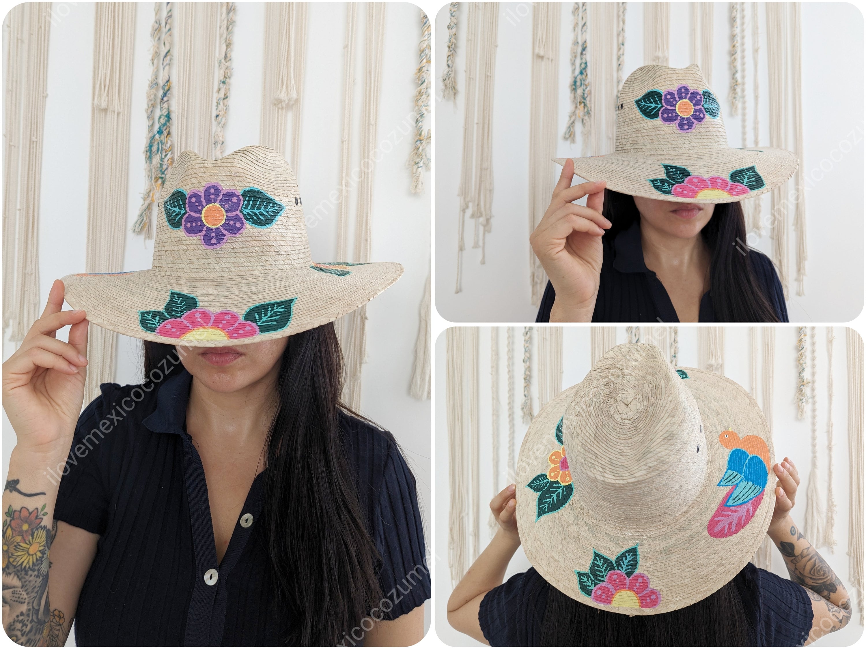 Hand Painted Mexican Folk Art Straw Hat Pink Birds Floral Boater Medium Hand Painted Cowboy Hat - Felt – Camelia Mexican Boutique main image 4