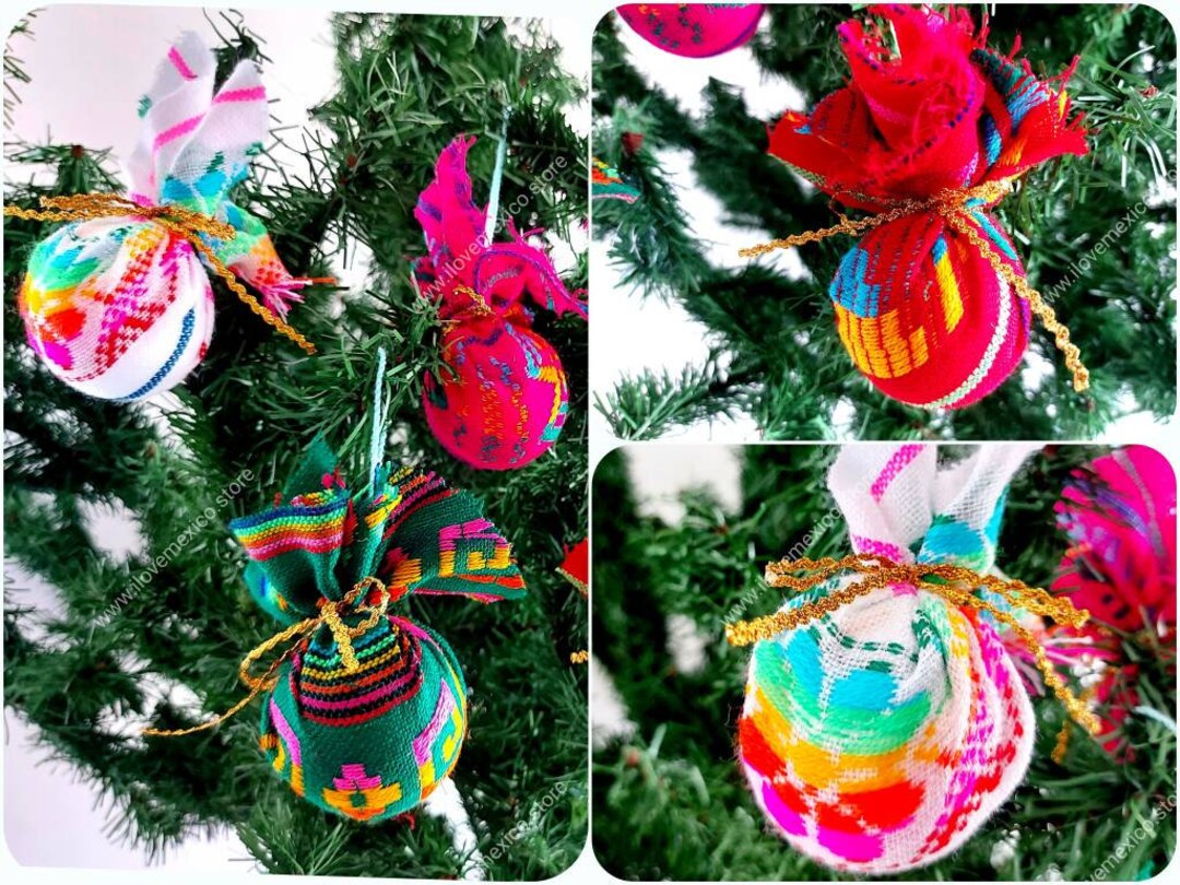 Mexican Christmas Tree Ornament Set / Cambaya Fabric Christmas Spheres / Christmas Spheres