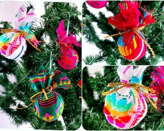 Mexican Christmas tree ornament set / cambaya fabric christmas spheres / christmas spheres / mexican christmas decor / mexican ornament /