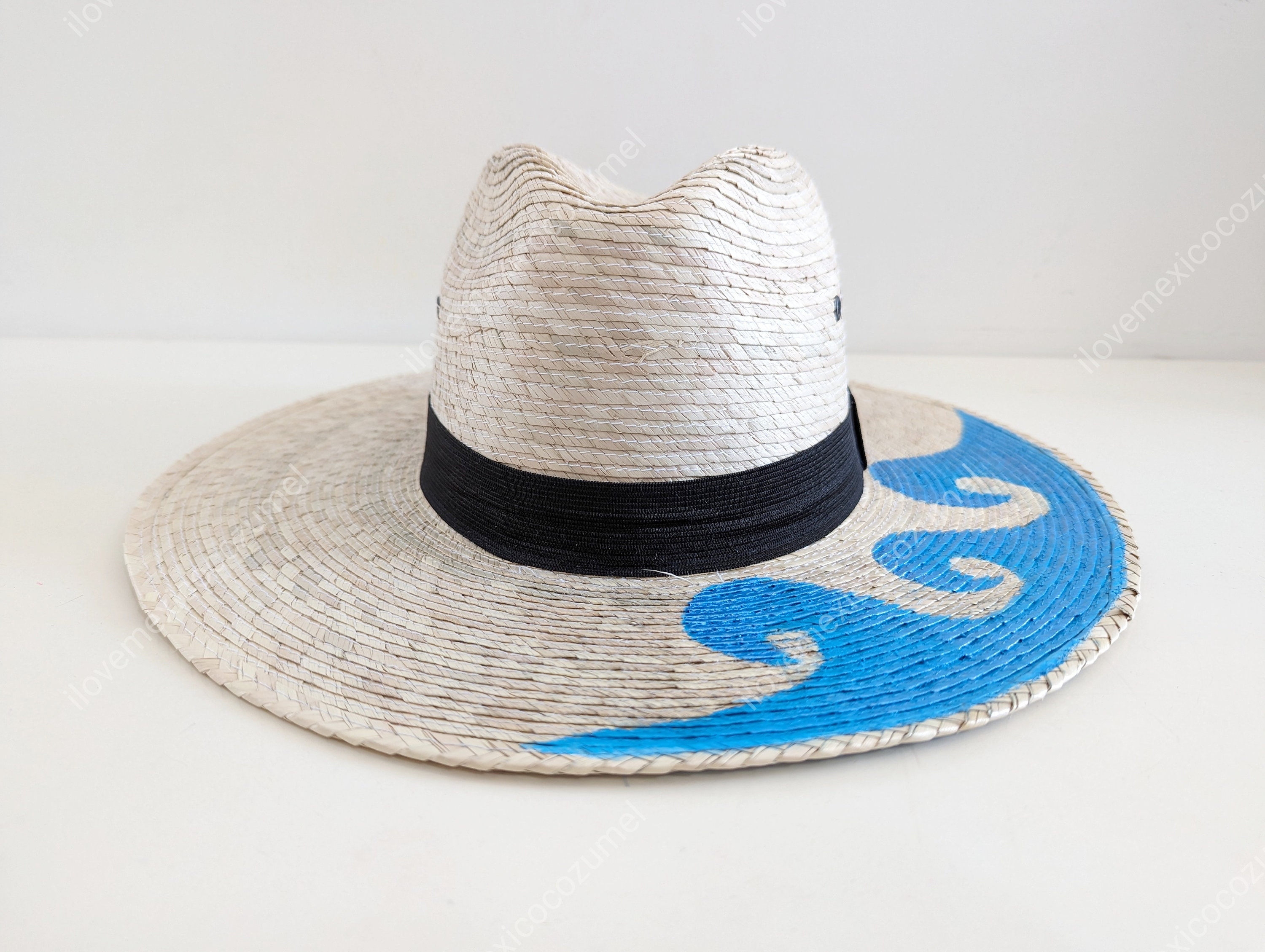 Hand-painted Straw Hat: Blue Wave Design - Etsy display picture 1