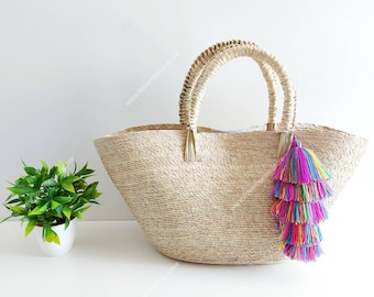 Handmade multi colored boho bag tassels / multi colored beach bag tassels / multi color pompoms / multi colored bag charms