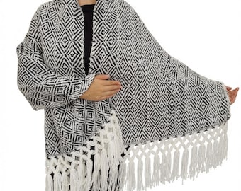 Handwoven Cotton Rebozo Scarf: Traditional Mayan thick Shawl