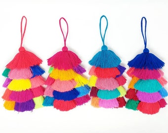 Large multi colored boho bag tassels / multi colored beach bag tassels / multi color pompoms / multi colored bag charms