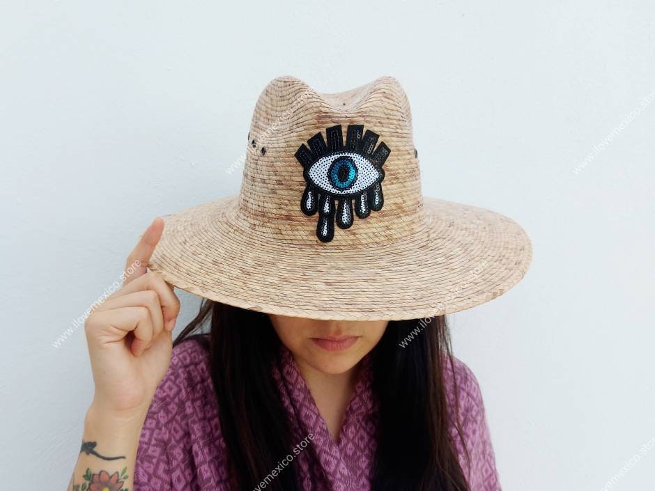 Straw Hat With Evil Eye Patch / Hand Made Summer Hat - Etsy display picture 2