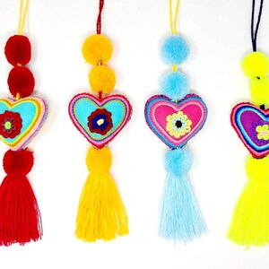 Embroidered felt hearts / cinco de mayo decor heart / mexican pom pom/ mexican pompoms / floral heart tassel