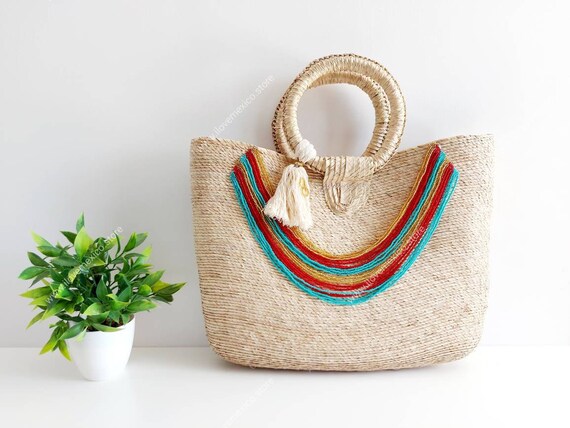 Mexican Straw Bag With Glass Bead Decoration Etsy UK