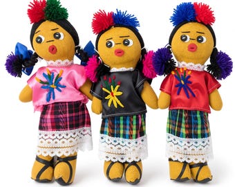 Muñeca maya grande de fieltro hecha a mano, ideal para quitarse las preocupaciones, procedente de México.
