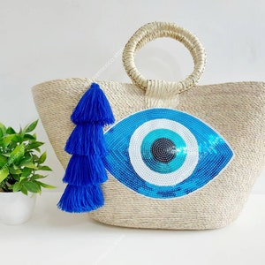 Bolsa de paja boho con parche de lentejuelas de mal de ojo / bolsa de paja de mercado hecha a mano / bolsa de mano mexicana / bolsa de verano / bolsa de mercado de agricultores / imagen 9