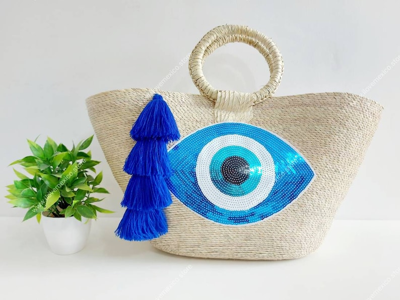 Bolsa de paja boho con parche de lentejuelas de mal de ojo / bolsa de paja de mercado hecha a mano / bolsa de mano mexicana / bolsa de verano / bolsa de mercado de agricultores / imagen 9