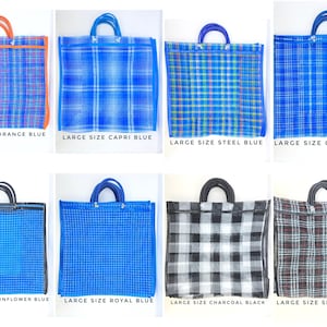 May include: A collection of eight large rectangular woven plastic tote bags with double handles. The bags feature various plaid and checkered patterns in colors including orange, blue, charcoal, and black, with text labels identifying each color variant.