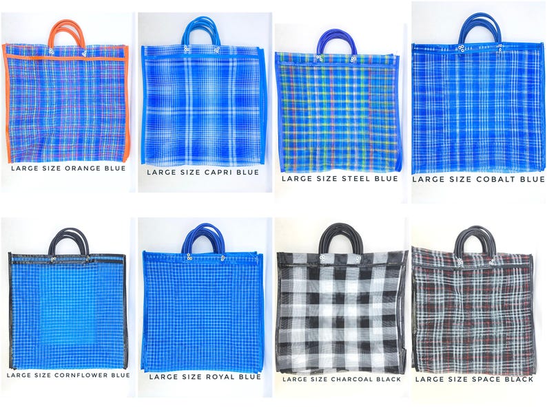 May include: A collection of eight large rectangular woven plastic tote bags with double handles. The bags feature various plaid and checkered patterns in colors including orange, blue, charcoal, and black, with text labels identifying each color variant.