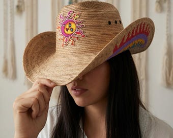 Hand Painted Mexican Straw Cowboy Hat Sun Design | Boho Western Sun Hat