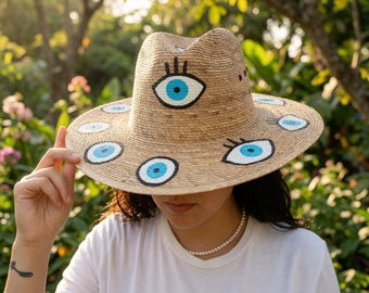 Hand Painted Evil Eye Palm Straw Hat Mexican Beach Summer Sun Hat
