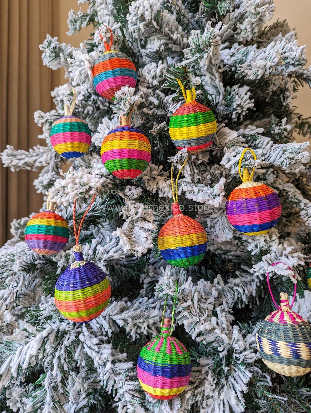 Handmade Mexican Christmas Ornament Set: Woven Palm Straw Spheres