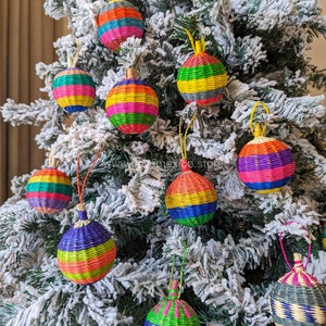 Handmade Mexican Christmas Ornament Set: Woven Palm Straw Spheres