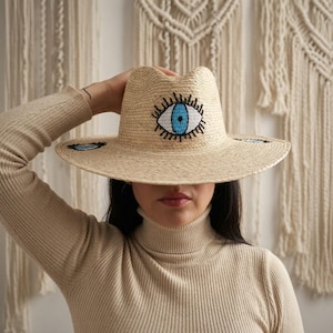 Evil Eye Embroidered Hat | Handmade Mexican Beach Hat | Natural Palm Straw image 1
