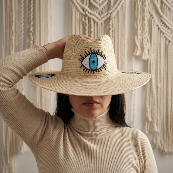 Evil Eye Embroidered Hat | Handmade Mexican Beach Hat | Natural Palm Straw
