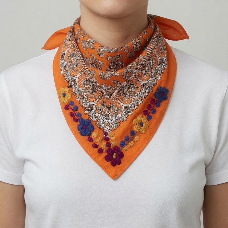 Embroidered Floral Bandana | Handmade Mexican Paliacate Scarf image 2