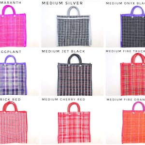 May include: A collection of nine medium-sized rectangular tote bags with two handles, each featuring a distinct woven grid pattern in colors including amaranth, silver, onyx black, eggplant, jet black, fire truck red, brick red, cherry red, and fire orange.