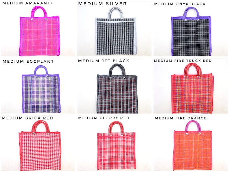 May include: A collection of nine medium-sized rectangular tote bags with two handles, each featuring a distinct woven grid pattern in colors including amaranth, silver, onyx black, eggplant, jet black, fire truck red, brick red, cherry red, and fire orange.