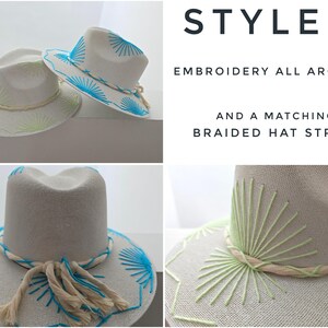 May include: Two off-white fedora hats featuring sunburst embroidery in bright blue and lime green. The hats include a matching braided hat strap with tassels. Text in the image reads: STYLE 5, EMBROIDERY ALL AROUND, AND A MATCHING BRAIDED HAT STRAP.