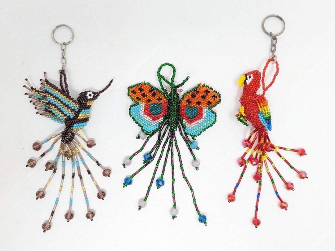 Glass Bead Bird Keychain / Mexican Parrot Keychains / Hummingbird